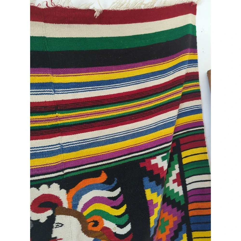 VINTAGE 1960'S HAND WOVEN MEXICO MULTICOLOR WOOL‎ BLANKET